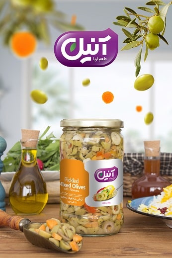 ترشی مخلوط زیتون و آلو Pickled Olives Mixed (with Aloevera) 680 g | شرکت آریا شور